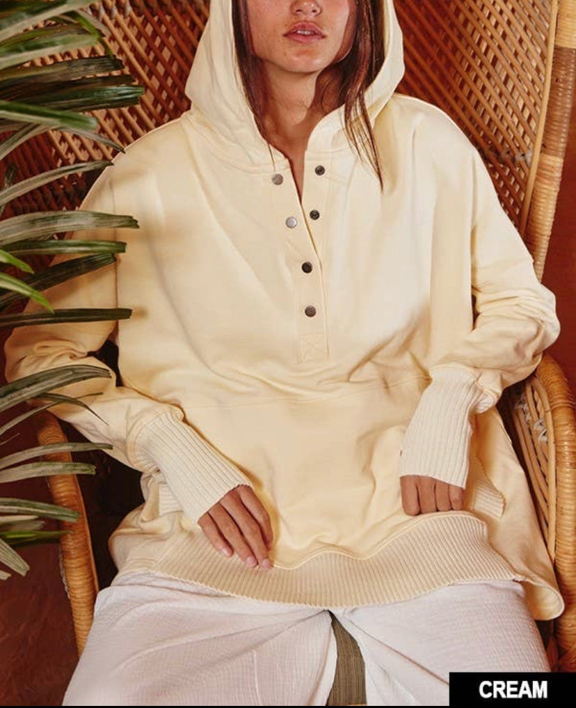 Cream Washed French Terry Oversized Solid Hoodie Top