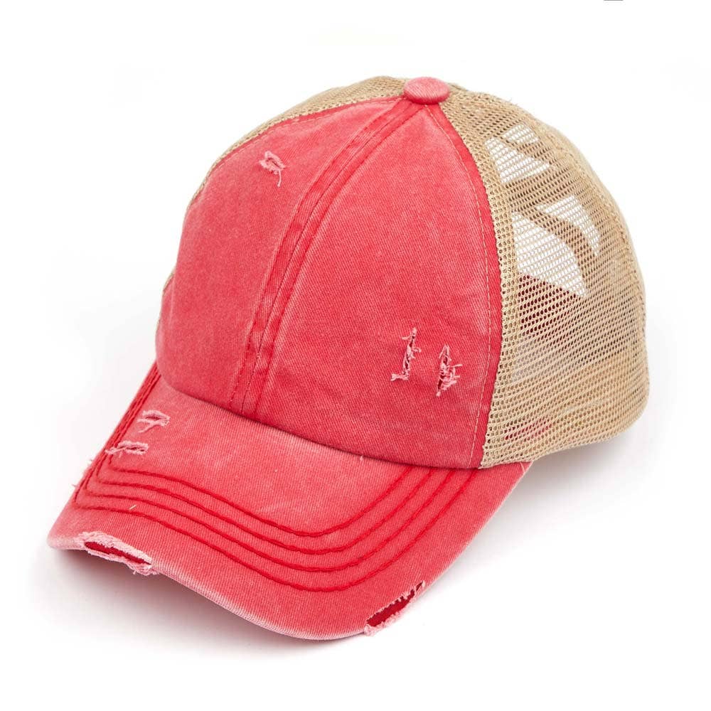 C.C Washed Denim with Crossed Elastic Band Mesh Pony Cap