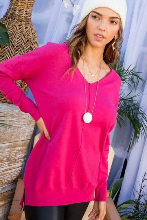 Plus Size V Neck Side Slit HI-LO Sweater