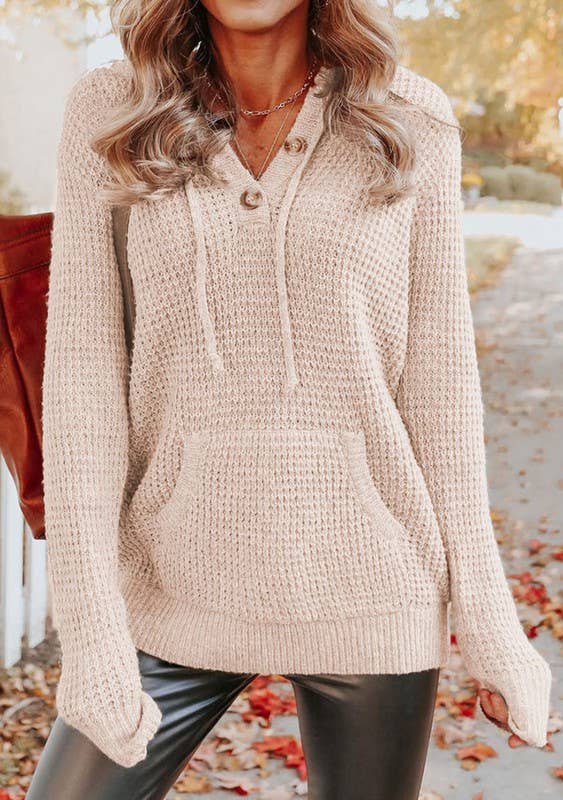 Waffle Buttoned Pocket Hoodie Sweater