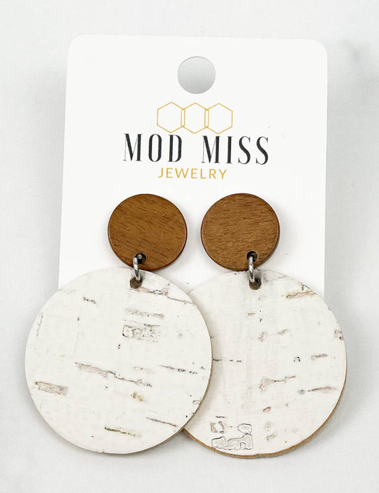 Cork+Leather Round Earring "White ''