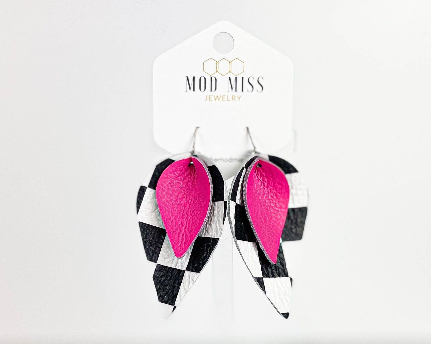 Leather Stacked Petal Earring "HotPink+Blk& Wht Checkered