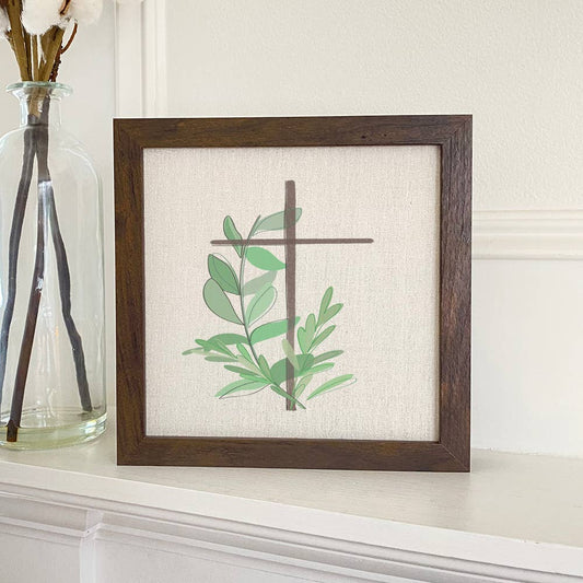 Cross with Leaves - Framed Sign