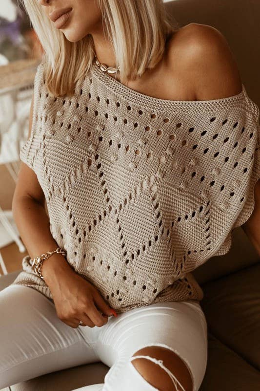 Pointelle Knit Short Dolman Sleeve Top